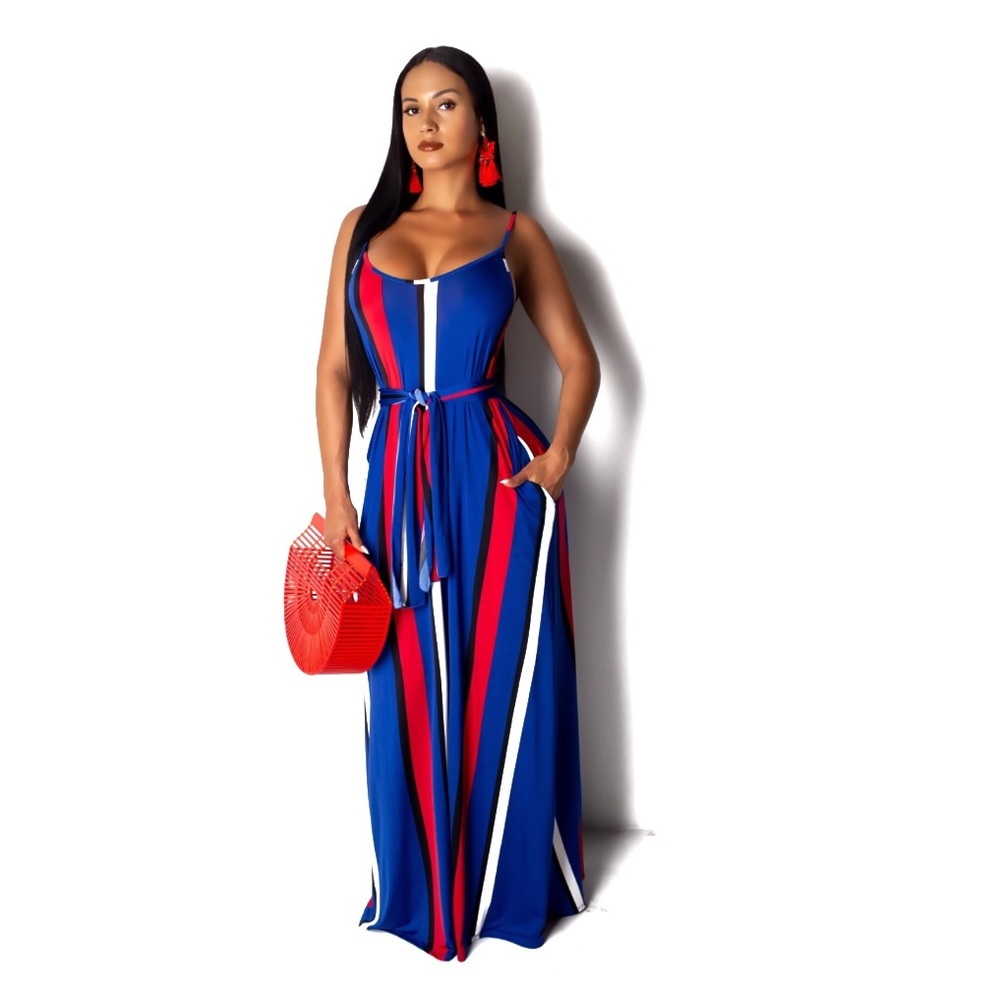 Red Blue White Stretch Sleeveless Loose Maxi Dress - Picture 2 of 7